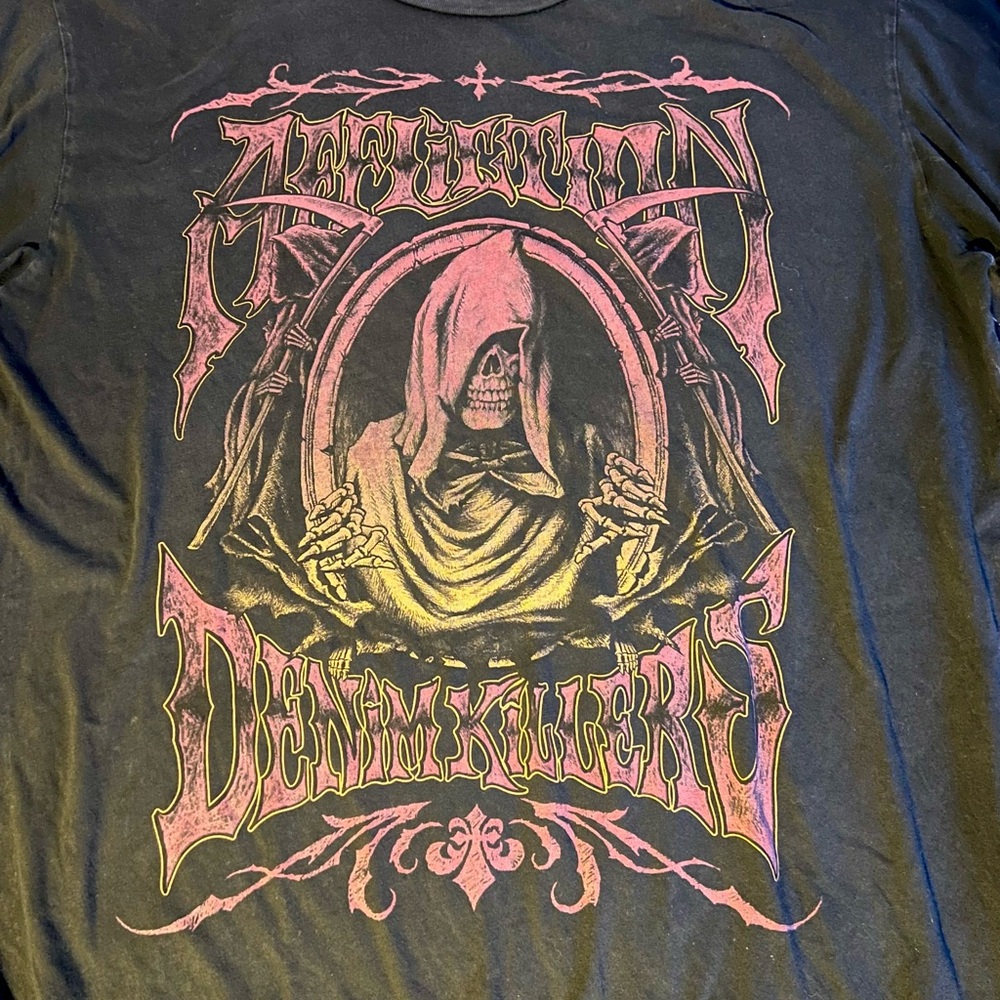 Affliction Black Tee with Sunset Gradient Grim Reaper Skull